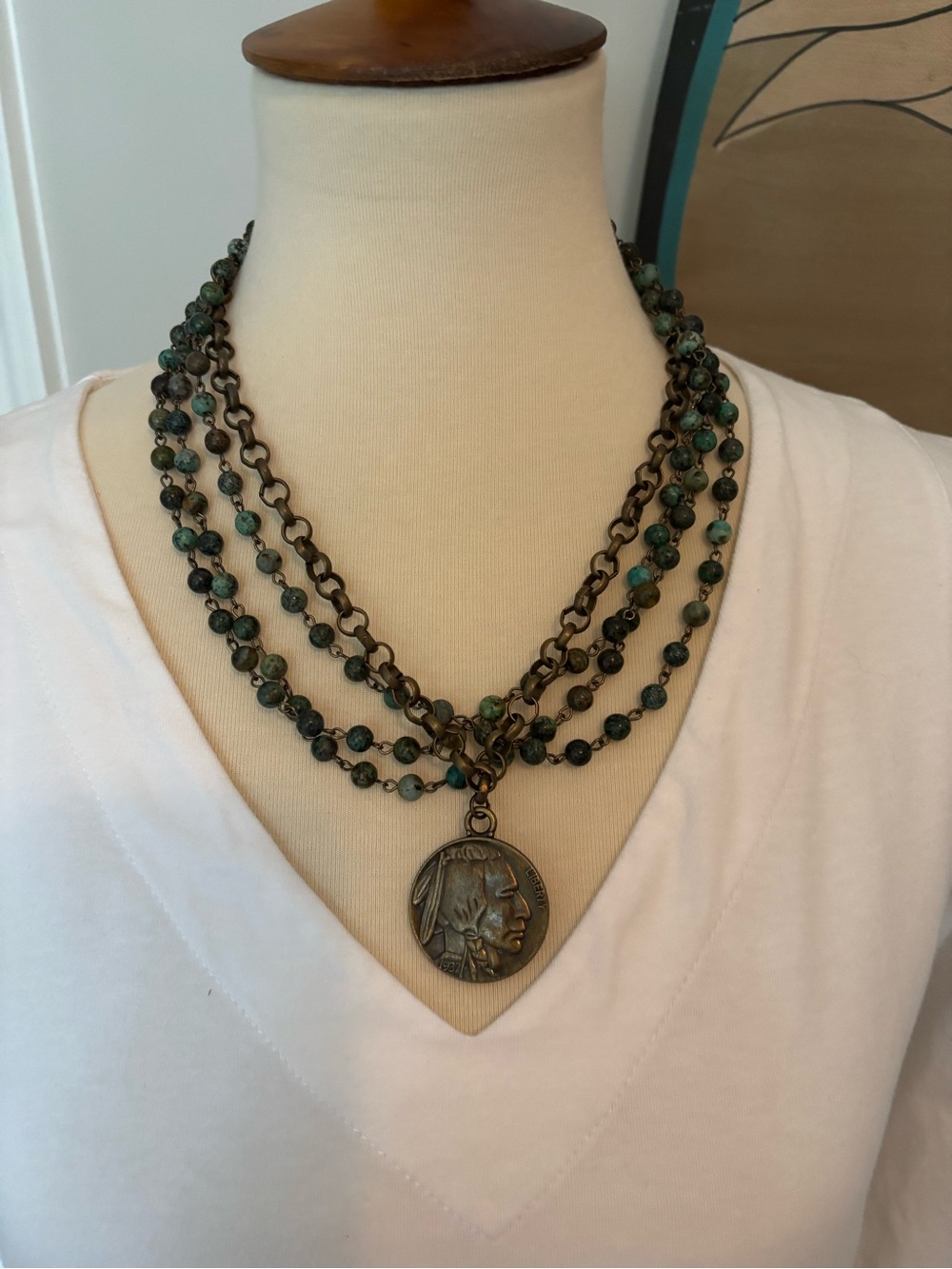 Layering necklace with African turquoise and reversible Indian head coin